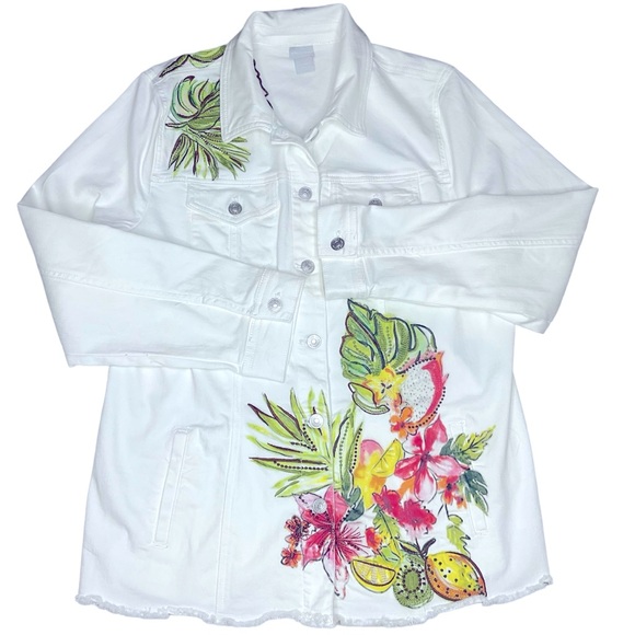 Chico’s Artisan Palm Denim Tropical Floral Embroidered Beaded Jacket - Picture 4 of 10